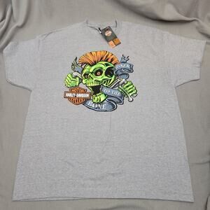 HARLEY DAVIDSON Shirt Mens XL Gray Biker to the Bone Skull Mullet Blue New